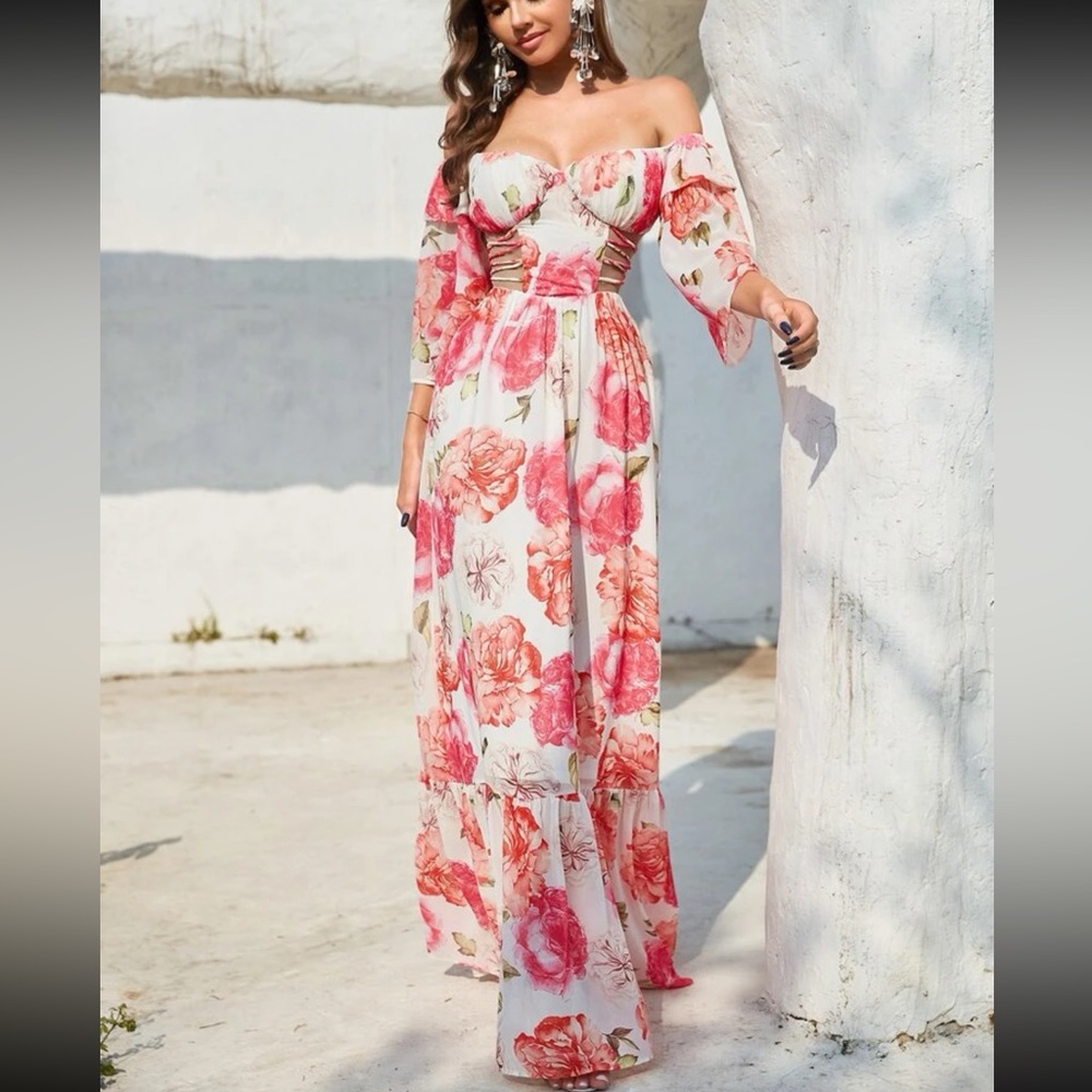 🔥FINAL SALE🔥 Off The Shoulder Floral Print Cut Out Maxi Dress - Picture 7 of 9
